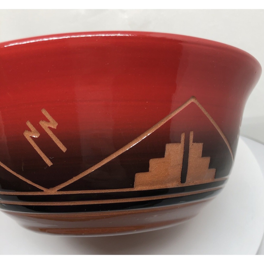 Original Art Pottery Native American Traditional Symbols Bowl Artisan Signed Red - Picture 4 of 16